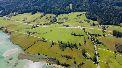 Wolfgangsee in Salzkammergut on a sunny summer day, aerial drone view. Wolfgangsee im Salzkammergut...