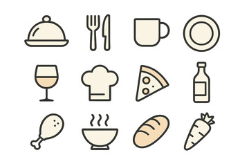 Food and dining line icon set. Minimalist vector graphic collection for restaurant menus, culinary projects, and cooking apps. Features cartoon symbols like pizza, wine, and bread.