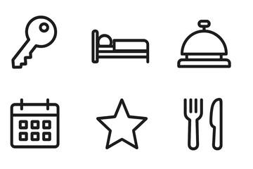 Hotel service icon set. Minimalist line art collection for hospitality industry. Symbols for key, bed, reception bell, booking calendar, star rating, and restaurant dining.