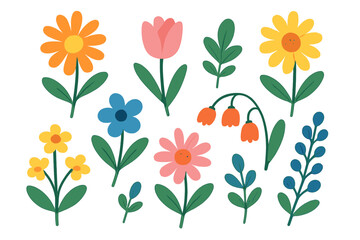 Flower collection vector illustration. Set of cute cartoon spring flowers and leaves. Floral design elements for kids, greeting cards, and patterns. Flat modern botanical art.