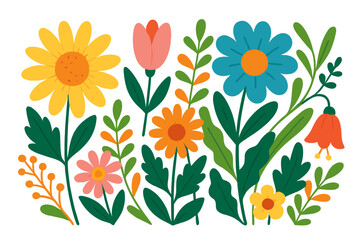 Colorful vector flower set. Flat cartoon illustration of a blooming summer garden. Whimsical floral background with various flowers and leaves. Abstract botanical nature design.