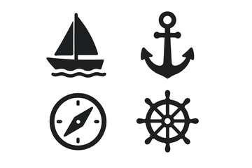 Marine navigation solid icon set. Nautical symbols collection with sailboat, anchor, compass, and ship wheel. Vector glyphs for sailing, maritime, and yachting themes.