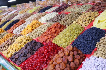 Nuts, candied fruits and dried fruits laid out on the shelves of the Eastern Market
