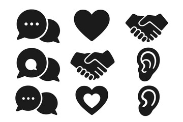 Communication solid icon set. Empathy, understanding, listening and dialogue concept. Vector pictograms of speech bubble, heart, handshake and ear. Partnership and support symbols.