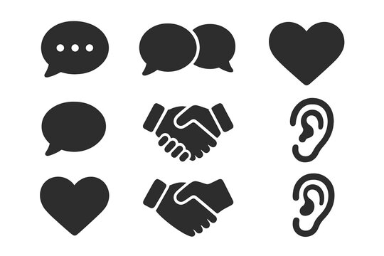 Communication solid glyph icon set. Vector icons for dialogue, chat, empathy, listening, and agreement. Speech bubble, heart, handshake, ear symbols. Flat design UI elements.
