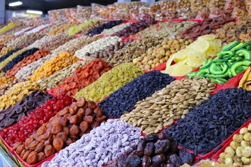 Nuts, candied fruits and dried fruits laid out on the shelves of the Eastern Market