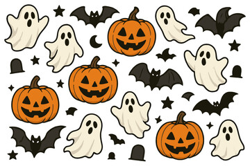 Cute cartoon Halloween sticker set. Spooky jack-o-lantern pumpkins, funny ghosts, bats, stars and tombstones. Isolated vector elements for festive decor or holiday pattern.