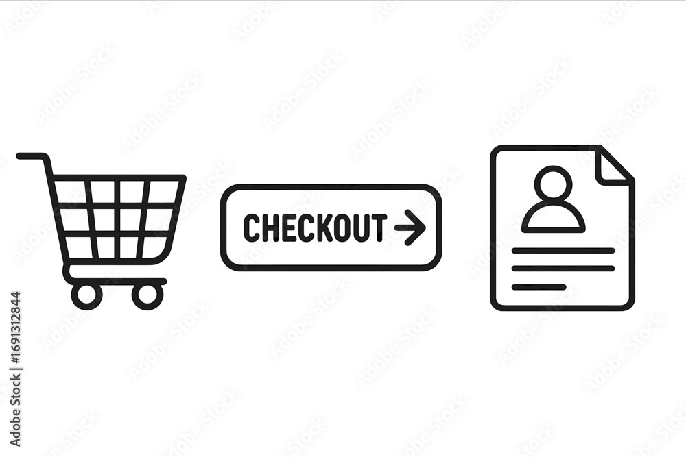 Fototapete e-commerce checkout process icon set. vector linear symbols for online shopping with shopping cart, 