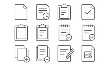 Business document thin line icon set with editable stroke. Icons for file management, data report, task analysis, checklist, and approved form. Vector paper and clipboard symbols.