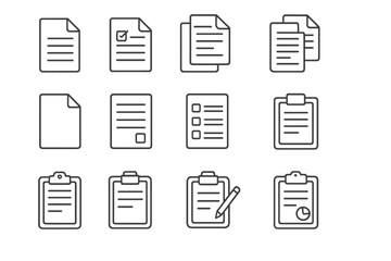 Paper document and clipboard line icons. Office file, form, and contract vector icon set. Business report, checklist, and task management symbols. Editable stroke.