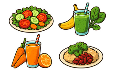 Healthy food set. Vegan meal collection. Vector cartoon icons of salad, green smoothie, juice, and rice with beans. Nutritious eating, diet, and detox concept illustration.