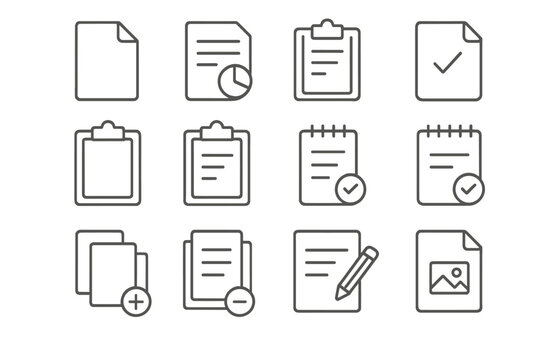 Business document thin line icon set with editable stroke. Icons for file management, data report, task analysis, checklist, and approved form. Vector paper and clipboard symbols.