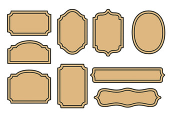 Set of vintage frames and retro labels. Collection of decorative border templates for signage and branding. Classic empty badge and banner elements in flat minimalist design.