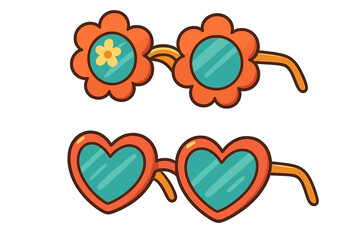 Groovy retro sunglasses set with flower and heart shapes. Cute 70s hippie style glasses for summer party. Funky fashion accessory vector illustration cartoon clip art design element.