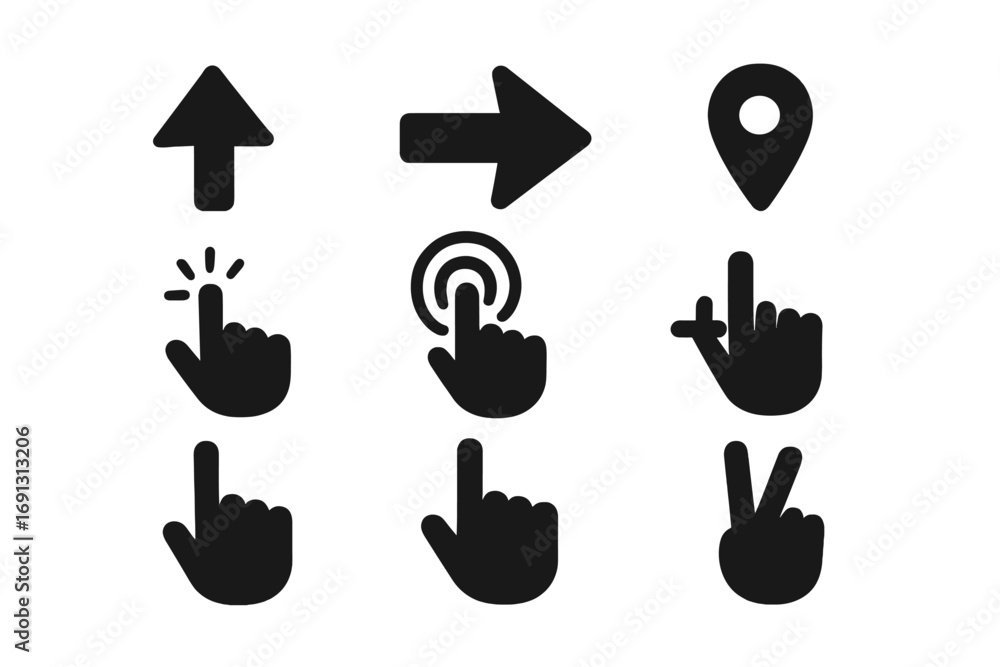 Poster navigation solid icon set for user interface design. ui ux vector graphic with hand gestures like cl