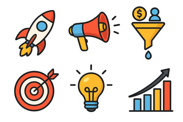 Business marketing icon set. Vector cartoon illustration. Rocket for launch, megaphone promotion, sales funnel leads, target goal, lightbulb idea, graph for growth. Strategy success concept.