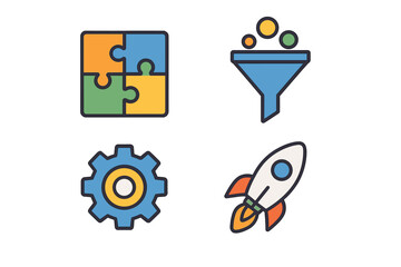 Data analytics & business strategy vector icon set. Puzzle for problem-solving, funnel for filtering, gear for process, rocket for startup launch and business growth.