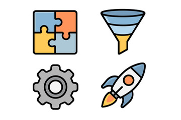 Business strategy icon set. Puzzle for solutions, marketing funnel, gear for process, rocket for startup launch. Data analytics, development, teamwork vector line icons for web.