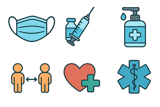 Health and safety icons set for pandemic prevention. Face mask, vaccine shot, hand sanitizer, social distancing, and healthcare symbols. Medical vector cartoon illustration.