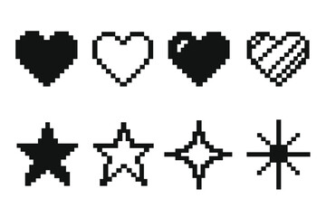 Pixel art heart and star icon set. 8-bit retro video game assets. Black and white vector symbols for life, love, favorite, and rating. GUI elements for arcade games.