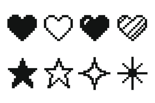 Pixel art heart and star icon set. 8-bit retro video game assets. Black and white vector symbols for life, love, favorite, and rating. GUI elements for arcade games.