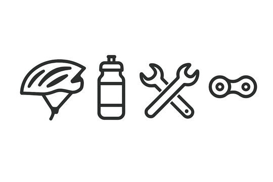 Bicycle gear icon set. Cycling equipment, safety helmet, water bottle, bike repair tools, and chain link. Minimalist line art vector illustration for sport and maintenance.