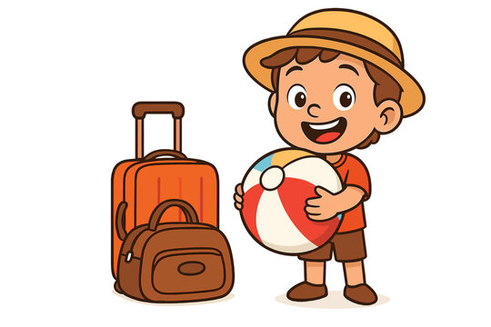 Happy Smiling Child Holding Beach Ball With Orange Luggage, Backpack, Ready For Summer Vacation Or Holiday Trip, Cute Cartoon Boy In Hat, Fun Travel Adventure, Kids Leisure, Transparent Vector Art