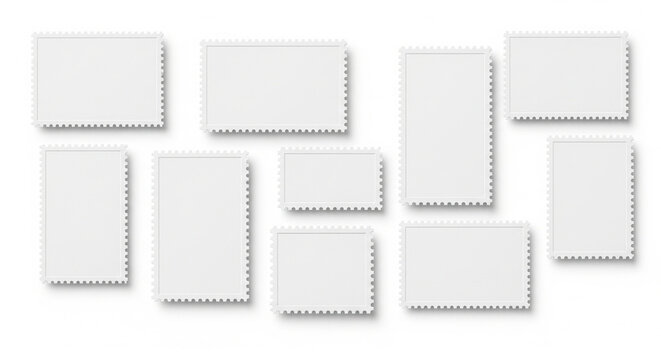 Blank White Postage Stamps Collection Mockup with Different Sizes on Isolated transparent background