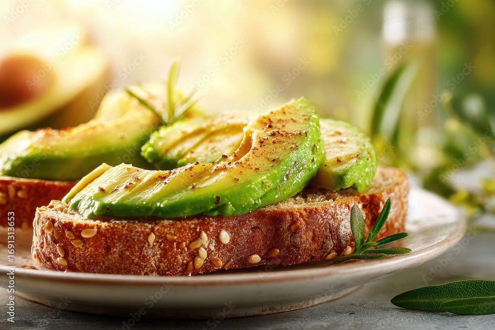 Poster delicious avocado toast with fresh slices and spices on a rustic bread.