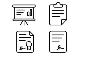 Business documents line icon set. Presentation chart, financial report, clipboard checklist, signed contract or certificate. Editable stroke vector icons for web and apps.