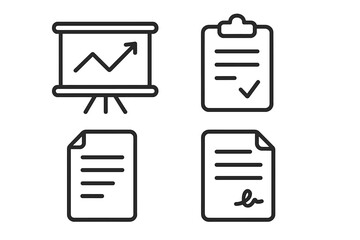 Business documents line icon set. Icons for presentation, growth chart, report, analysis. Clipboard with checklist, task list. Signed contract, agreement, deal symbol. Vector.
