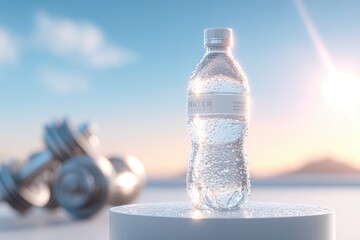Refreshing water bottle on podium with fitness weights, serene sky backdrop.