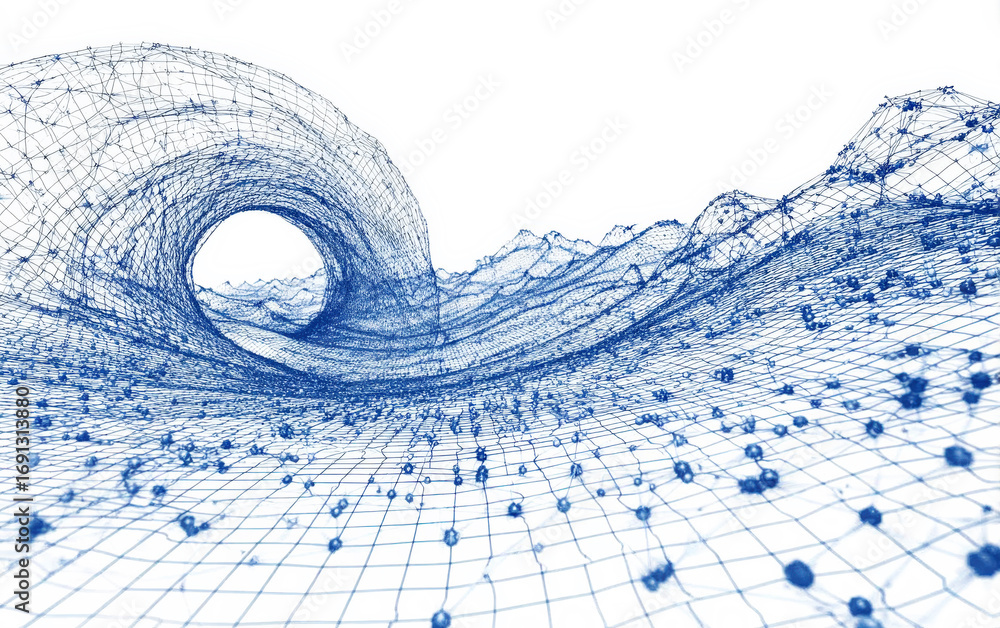 Fototapete 3d abstract wave pattern with mesh and dots visualization