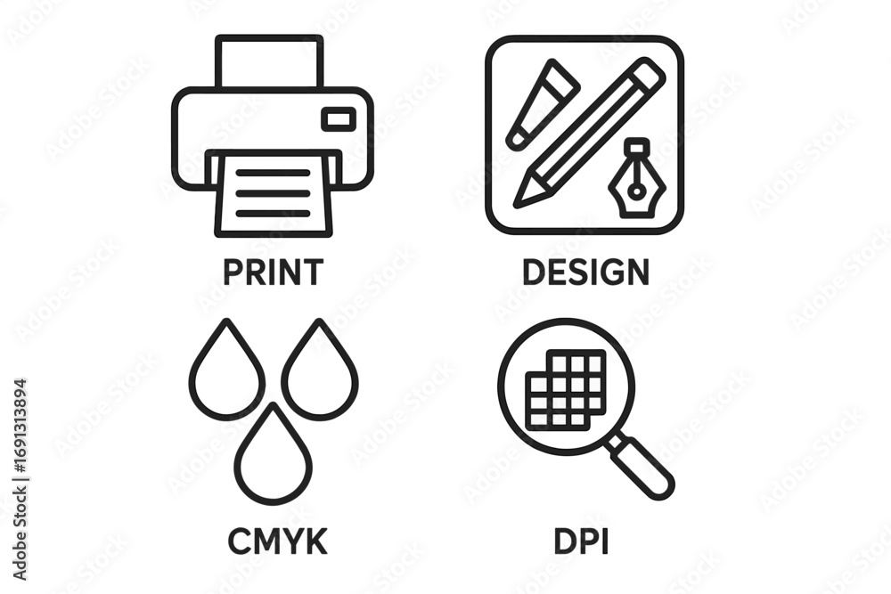 Poster printing essentials outline icon set. graphic design and print production vector symbols. collection