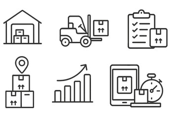 Warehouse management icon set. Linear icons for logistics and shipping solutions. Vector symbols for inventory control, cargo delivery, distribution, and supply chain management.