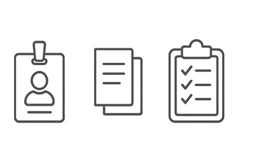 Employee badge, ID card, and documents line icon set. Office management pictograms with clipboard checklist, staff identification, and paperwork symbols for web and apps. Editable stroke vector.