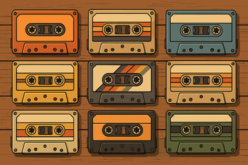 Retro cassette tapes collection set, vintage audio music tapes in colorful 1980s 1990s style, vector cartoon illustration, nostalgic music memorabilia, wooden background, multicolored classic designs
