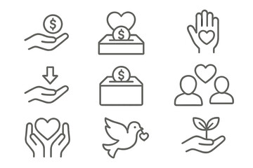 Charity and donation thin line icons set for social causes. Minimalist vector symbols for volunteering, fundraising, support, community, hope, love, and humanity concept.