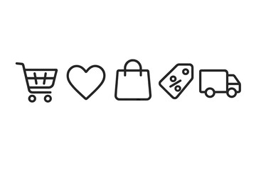 Online shopping process icon set. E-commerce vector line icons. Add to cart, wishlist heart, checkout bag, sale discount tag, and home delivery truck symbol collection.