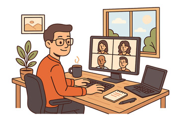 Remote work home office setup with desk, coffee cup, computer, laptop, digital technology, virtual meeting, teamwork, daytime sunlight, interior workspace, plant, productivity concept, vector cartoon