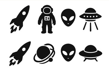 Space icon silhouette set with rocket, astronaut, alien head, and UFO symbols. Vector cartoon graphic collection for cosmic, galaxy, astronomy, and exploration themes clipart.