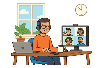 Remote work home office workspace with laptop, headphones, virtual meeting, coffee mug, technology, digital communication, desk, window, indoor plant, teamwork, video conference illustration