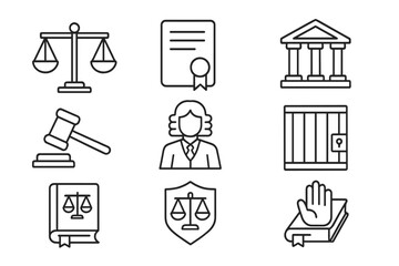 Legal icons set. Law and justice symbols. Court, judge, gavel, courthouse, prison, scales, oath, law book, certificate. Crime and punishment concept. Line art vector.