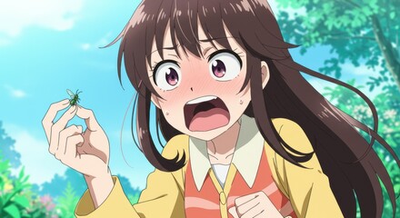 A young anime girl in a forest has a panicked and shocked reaction while holding a small green insect in her hand