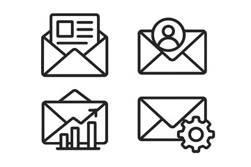 Email marketing icon set. Line art vector icons for newsletter, subscriber list, analytics report, and campaign settings. Minimalist symbols for digital communication.
