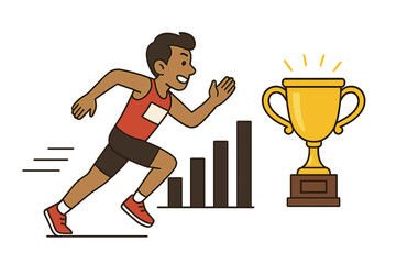 Runner making progress towards a trophy, symbolizing achievement and success. Vector concept of goal, motivation, career growth, winning competition, award and championship.