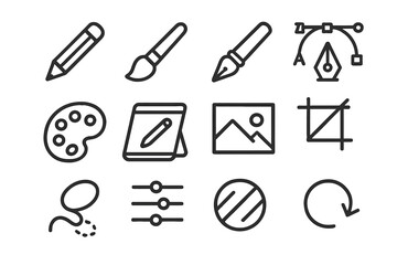 Fototapeta premium Design tools line icon set. Vector symbols for graphic editor, ui, app. Minimalist collection with pencil, brush, pen, crop, palette, color, adjust, undo, image.