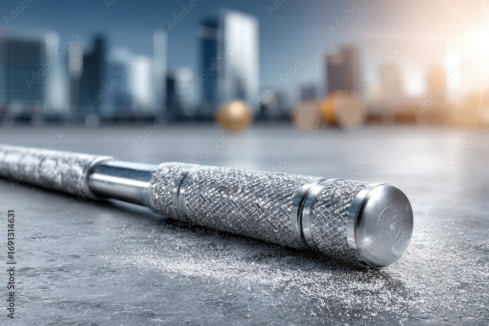 Poster close-up of a textured metallic object on a dusty surface with a city skyline background