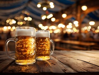 Beer mugs on wooden table beer festival Oktoberfest tent