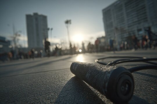 Jump rope lying on urban ground, blurred city background with sun flare.